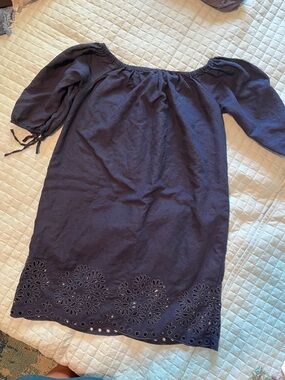 J. Crew Navy Off-Shoulder Eyelet Hem Midi Dress